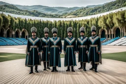 a group of men standing next to each other in Azerbaijan costume , female dancer, softair arena landscape, made in 2019, black cylindrical hat, olympics ceremony, islamic interior design, exhibition display, panorama shot, Siona Shimshi, woodlands style, 2019, caravagio, general uniform, ymmetrical