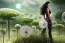 young woman in an android suit with dark hair, standing on the shore of an alien sea, with flying forests of dandelion seed head trees in the distance