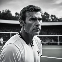 The tennis coach stood on the court, his gaze piercing through the camera lens with a menacing intensity. His once pristine white tennis racket now stained with blood, held high above his head. Scars crisscrossed his face, telling tales of battles fought and secrets hidden.
