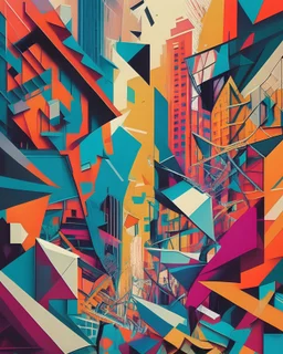 An abstract, fragmented vision of a bustling metropolis, with buildings and streets seemingly broken into geometric shapes and reassembled in a chaotic yet harmonious pattern. The vibrant colors and bold lines create a sense of movement and energy, capturing the pulse of the city.