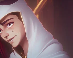 A white hooded robe covered a tan woman with a sleepy look in her eyes and a smile on her face, above her head is a golden halo. Behind her, there is a black shadow with red eyes and a smile grabbing her shoulders very thight