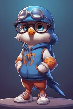 warrior, cute, 2D, cartoon cute male bird with white sneakers, glasses, front view, wearing a hero costume, lit bird children, 32k uhd, round,8k,HD, blue wall background