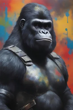 general Aldo the extremely muscular, black gorilla military leader from Planet of the Apes wearing a clean, black leather military uniform, and a black helmet - extremely colorful, multicolored paint splattered wall in the background, oil painting by Leonardo da Vinci