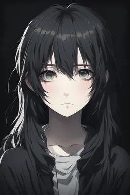 emotionless, numb, depressed anime girl, distant portrait with dark black background