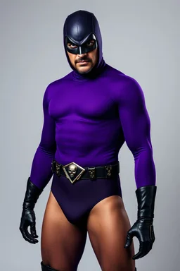 full-length, A portrait of a the Phantom, a man with piercing blue eyes, a chiseled jaw, goatee, timeless face, stern expression, Wearing a skintight formfitting purple cotton hero suit with a skintight cowl with a widows peak that fits tight to his head, but does not cover his face, he wears a thin, black leather, bandit eye disguise over his eyes, black and blue diagonally striped trunks, dual-holstered pistol belt adorned with a triangle skull-shaped buckle with leg straps, knee-high boots