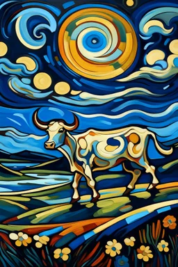 una vaca saltando en la llanura pampeana argentina bajo una luna brillante al estilo de ÉdWARD MUNCH