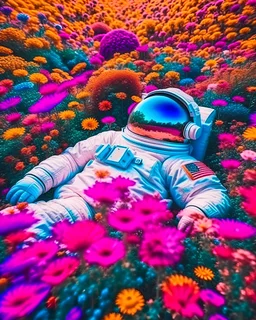 An astronaut laying down in field of millions of vibrant colorful flowers and plants, photoshoot, 8k, no border, ornamental, galaxy background, depth of view