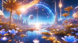 beautiful cosmic ambience galactic orbital stations cosmic city, pure harmony, soft blue, soft blue, smile, galactic, magic, sunrise,transcendent, divine, warm look, fantastic magical white and gold flowers background, ultra sharp focus, ultra high definition, 8k, unreal engine5background, colored lake, ultra sharp focus, ultra high