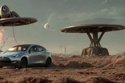 A Tesla 'Semi' (semi truck) is parked, in the battle against Martians of "The War of the Worlds". (CINEMATIC, WIDE ANGLE LENS, PHOTO REAL)