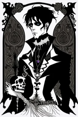 goth male necromancer with black hair and gothic jewelry in the style of Aubrey Beardsley