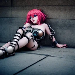 Rusty female steam punk cyborg laying in the streets sad and lonely, crying,suit is falling apart, anime character,neon lights