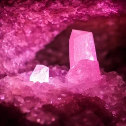 single pink crystal, on an altar in a foggy cave