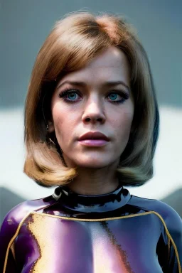 Ultra Realistic retro sci-fi scene, portrait, brunette woman, sweet young Jane fonda face, perfect iris, glow eyes, makeup. Aliens background, Retro sci-fi style, helmet, tight latex coat, fog, rain, soft color, highly detailed, unreal engine 5, ray tracing, RTX, lumen lighting, ultra detail, volumetric lighting, 3d, finely drawn, high definition, high resolution.