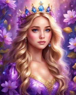 Adorable digital painting of a beautiful girl wearing a precious purple princess dress, sparkling crown, 18 years old, Anna's face, long golden hair, blue eyes and surrounded by magical flowers.