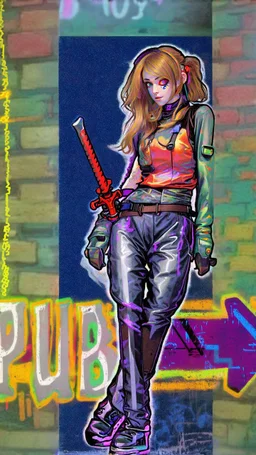 teen woman in retro-futurist cyberpunk costuming with pants and sheathed swords leaning to the side with shoulder against a brick pillar, add a background of brick with graffiti of a large arrow pointing to the right and text of the word "PUB" on lower left