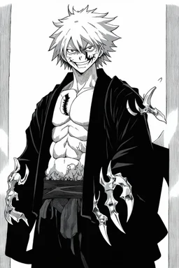 A manga-style portrait of a fierce male Shinigami from Bleach, Kazuma Saito, tall and muscular, with wild silver-gray hair, steel-colored eyes, and a scar across his left brow and cheek. He wears a tattered captain's haori of the 11th Division, open kimono revealing a dragon claw tattoo on his chest, and metallic claws (Haganetsume) on his forearms. He smirks defiantly, standing in a dynamic pose with silver reiatsu swirling around him.