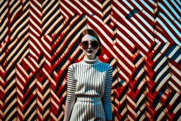 Front profile full body photography, in font of a rusty billboard, a hip hop 80's british model woman with 50's haircut, in a white and red zig zag stripes turtleneck dress and large sunglasses, 80 degree view, art by sergio lopez, natalie shau, james jean and salvador dali