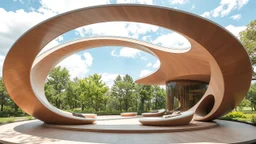 A beautiful unique pavilion shaped like a lemniscate (figure-eight curve), with a continuous flowing loop that creates interconnected spaces. The roof gently rises and falls in harmony with the curve. The structure is decorated with an overarching rainbow. Large, open-air windows allow natural light to flood into the building. The interior features rounded, organic forms that follow the curve of the lemniscate. The effect is calm, comforting, protective and delightful. Award-winning photograph