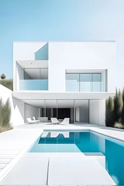 Fachada de casa mínimalista de color blanca con piscina