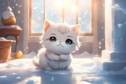 cute chibi thankful cat praying in an icy room in sunshine