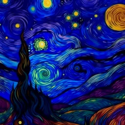 A violet space with stars and planets painted by Vincent van Gogh