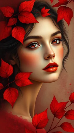 A very beautiful girl face, the setting is in a blend of old world aesthetics and red creamy red and red fantasy in a dreamlike ethereal and in the magical style of Picasso all in red colours red leaf’s