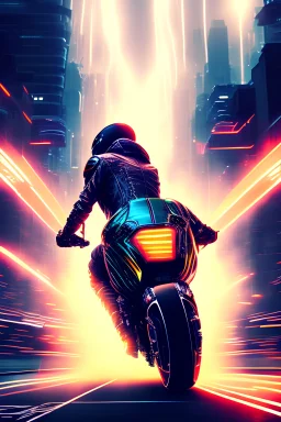 "Transport yourself to a futuristic cityscape where the roar of cyber engines mingles with the crackling of lightning. In the heart of this electrified urban jungle, describe a scene where 'Fast and Furious' with motorcycles cyber muscle naked motorcycles tear through the streets, leaving trails of sparks and lightning in their wake. Conjure the realistic imagery of carbon-fiber bodies shimmering under the city's neon glow, as tires grip the road and unleash showers of sparks with each hairpin t