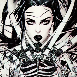 Billie Eilish as a goth punk vampire huge girl, illustration by Yoji Shinkawa and Katsushika Hokusai, finely detailed facial features, finely drawn and inked, 4k, symmetric, hyperdetailed