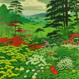 A green meadow with beautiful flowers painted by Utagawa Hiroshige