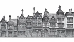 A highly detailed front elevation line drawing of a row of fantasy houses of different heights with tall chimneys, rooms and floors added to sides and roofs, like Harry Potter's Diagon Alley, inspired by Moebius