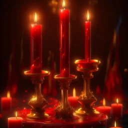 Red candles on a gold candlestick, dripping wax. Illustrative art, art interpretation, concept art, cgsociety contest winner, seasonal art, seasonal art HD, 4k, 8k, intricate, detailed, intricately detailed, luminous, translucent fantasy crystal, holographic data, soft body, shadow play, light, fog, atmospheric, cinematic, light film, hyper-detailed, hyper-realistic, masterpiece, atmospheric, high resolution, 8k, HDR, 500px, mysterious and artistic digital art, phototic, intricate, f