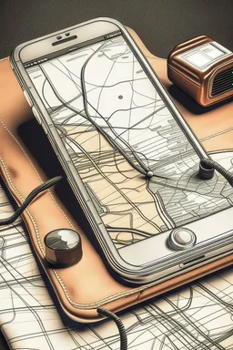 A weathered leather travel case unfolds to reveal a sleek, silver car phone with a curly cord. Beside it lies a vintage map with a specific route highlighted. Style: Vintage travel, Mood: Adventurous, Lighting: Warm glow of a bedside lamp with map details visible, T-shirt design graphic, vector, contour, white background.