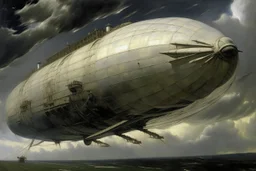 A white airship in a thunderstorm sky painted by Claude Monet