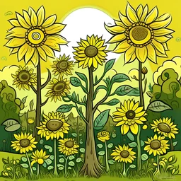 bomen met zonnestralen en paddestoeln