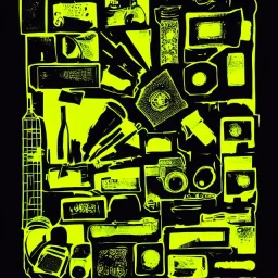 elements of photographic equipment. poster graphics. high detailed. ink and acrylic. black, green and yellow