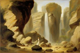 Sunny day, rocks, sci-fi, fantasy, waterfalls, rocky land, mountains, friedrich eckenfelder and alfred stevens impressionism paintings