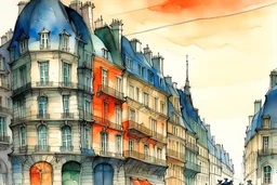 o schita urbana colorata a Palatului Versaille din Paris, acuarelă și tuș in stil Jean-Baptiste Monge cu lumini si umbre, hasurata cu linii oblice , cu outlinii de contrast la culori ,cu mare acuratete si contrast, detalii complicate, premiat, colorat, calitate clară