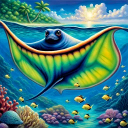 fantasy 90's tcg art of pearlescent manta ray in ocean paradise