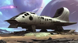 Sleek Cargo Spaceship Sitting In A Ruined Landscape