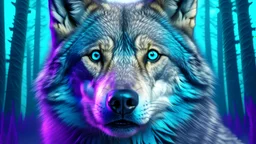 волк опытный молодой непокорный в 3 д графике цвет волка фиолетовый синий пурпурный с голубыми глазами с умным выражением пасть закрыта шерсть явно выражена задний фон лес будущего 4 к разрешение надпись