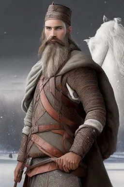 Ilya Muromets Slavic type of face with gray okladisty beard sits on a horse, he looks into the distance, with a spear in his hand, on his belt hangs a sword. in his other hand he has a shield, which depicts the coat of arms of Russia. Back background of Russian nature. On the side is a border post of Russia.