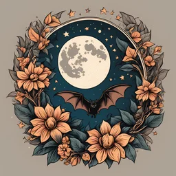 Best quality, masterpiece, ultra high res, detailed, illustration, design, flat vector style, high resolution, illustraTed, shadows and light, aesthetic, modern, ambient lighting, flat colors, vector illustration, bat, moon, leaves, stars, flowers, sailor jerry tattoo, old school tattoo