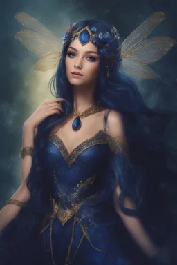 Midnight blue,Dark blue hair,night,dark fairy princess ,elven crown,elven ears,sparkle,glitter,gold armor,dragonflies,rapunzel hair,water lilies