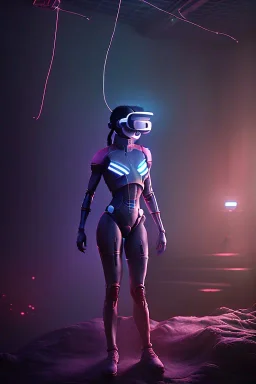 3d, si-fi hunger, girl middle stand on round glowing platform, connected by wires , vr googles, beautifully color coded, super detailed, moody lighting, volumetric lighting, night time, glowing veins, mass effect, vertical light glow