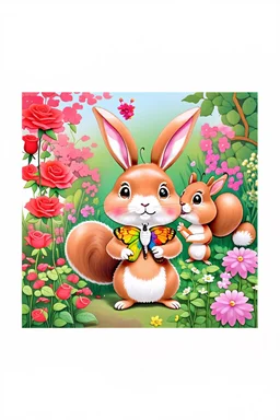 A beautiful butterfly, cute bunny and friendly squirrel looking amazingly at a bright red rose in a colorful garden, child book illustration style, faces must be the same as reference image