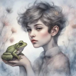 Whimsical and realistic ink, charcoal, markers, and oil painting, Impressionist style, realistic textures, minimalist approach, portrait of a young woman with a pixie cut hairstyle, holding a frog, ith delicate highlights, soft and dreamy background, pastel shades, fantastical ambiance, detailed and intricate linework, fine art quality, intricate patterns, enchanting atmosphere, ethereal lighting, by a blend of Van Gogh and Mary Cassatt, Artstation. Modifiers: bokeh Nikon D850 highly detailed di