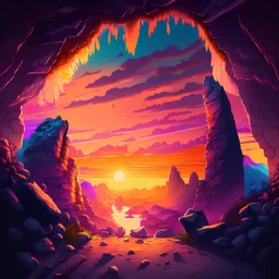 a rocky cavern exit revealing a beautiful sunset over eden with realistic vibrant colours illustration