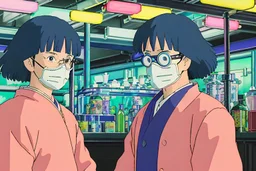 A striking image featuring Yui and Toshi in a bustling oxygen bar in Gastown. The bar is a kaleidoscope of vibrant neon lights reflecting off polished chrome surfaces. Patrons, hooked to sleek oxygen tanks, lounge around, their faces lit eerily by the multicolored neon hues. Yui and Toshi, respirators hanging around their necks, survey the scene with a blend of curiosity and wariness.