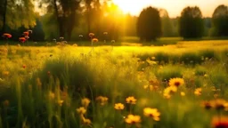 Beautiful wildflowers on a green meadow. Warm summer evening with a bright meadow during sunset. Grass silhouette in the light of the golden setting sun. Beautiful nature landscape with sunbeams.