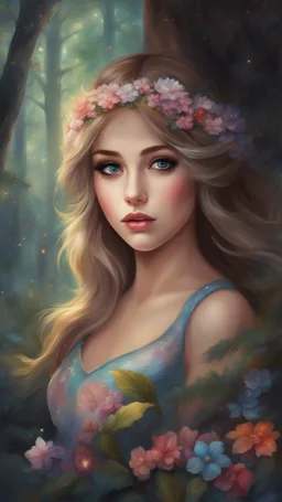 Painting of a beautiful girl, beautiful, haunted forest, flowers on her head, glitter dress, young girl, digital painting, fantasy art, pretty face, inspired by Thomas Kinkade, anime portrait, barbie face, big eyes, bright eyes, dream, trees, forest background, dark night, song, glitters background, fantasy, high quality, 8k